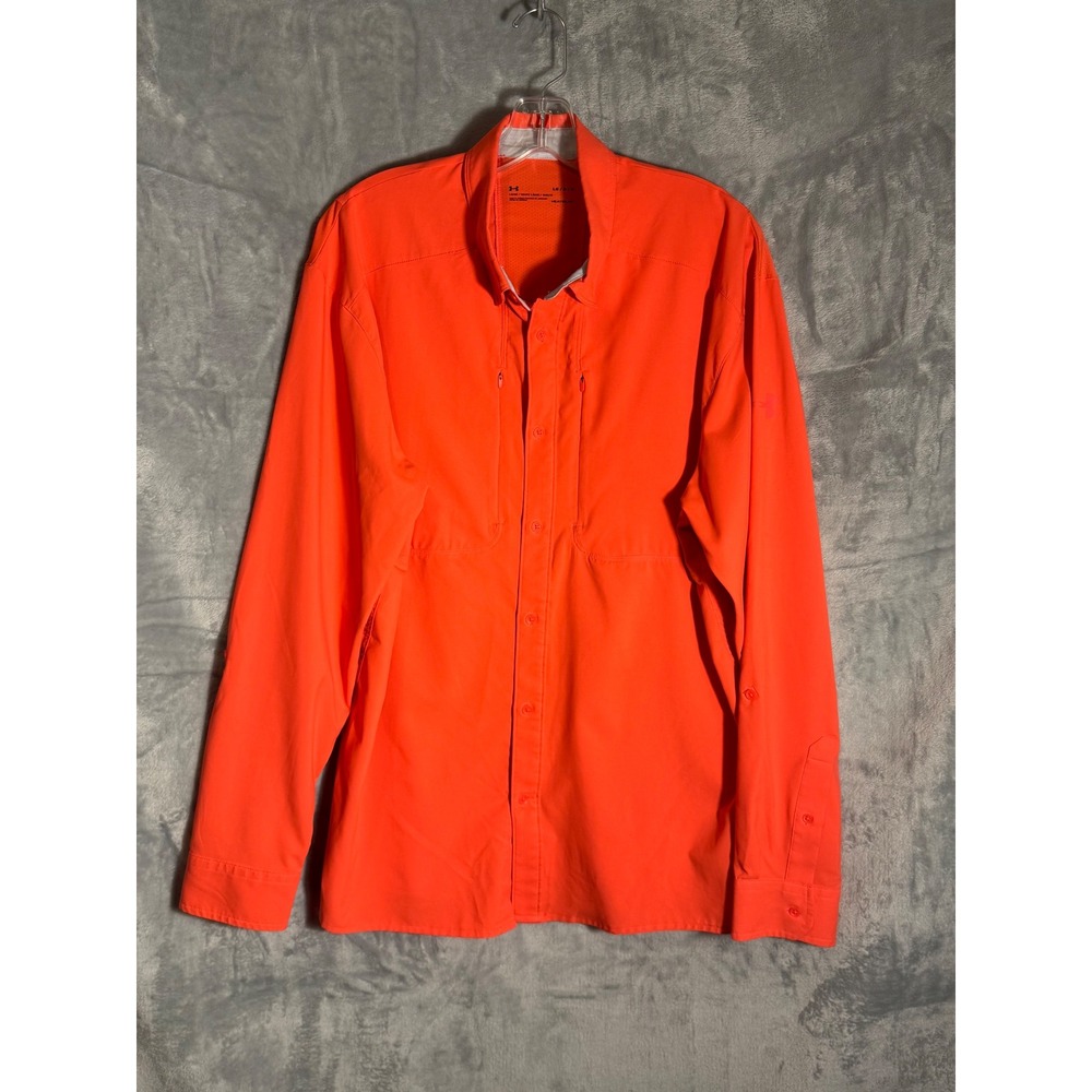 Under Armour HeatGear‎ Blaze Orange Fishing Shirt Long Sleeve Roll Tab Large